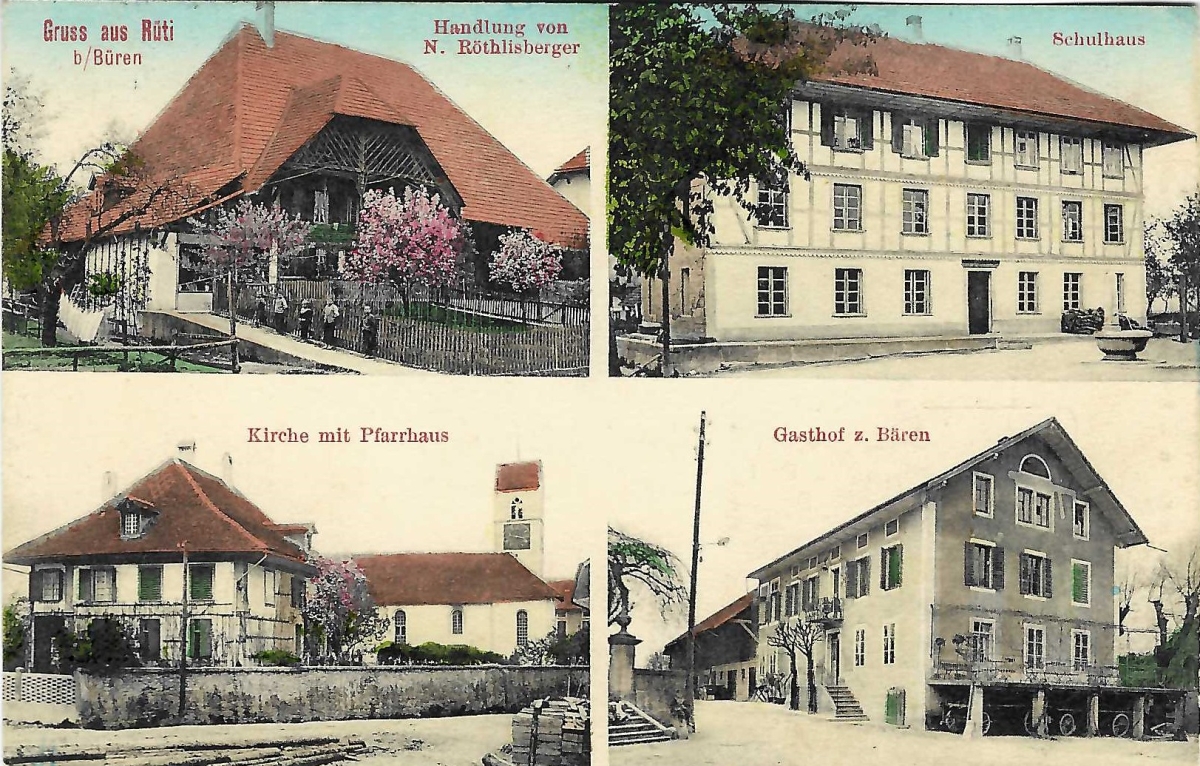 <p>Handlung N. Röthlisberger , Schulhaus , Kirche mit Pfarrhaus ,  zum Bären Gasthaus , Karte Top Zustand Rarität</p>